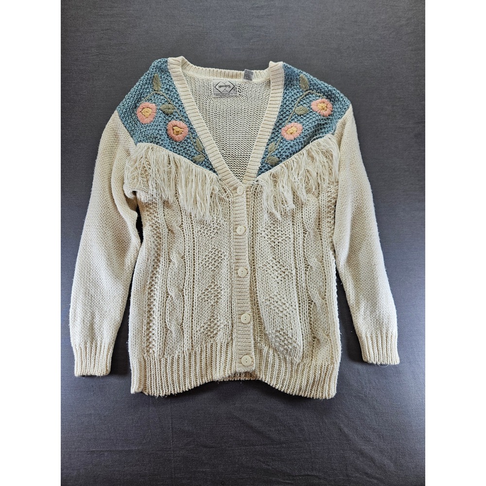 Vintage Nuggets Hand Knitted Floral Fringe Cardigan Sweater Cream Blue Large